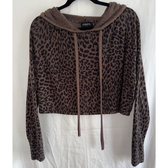 Etiquette Leopard Print Cropped Hoodie Sz M Y2K Grunge Athleisure Boho Comfy - Picture 3 of 11